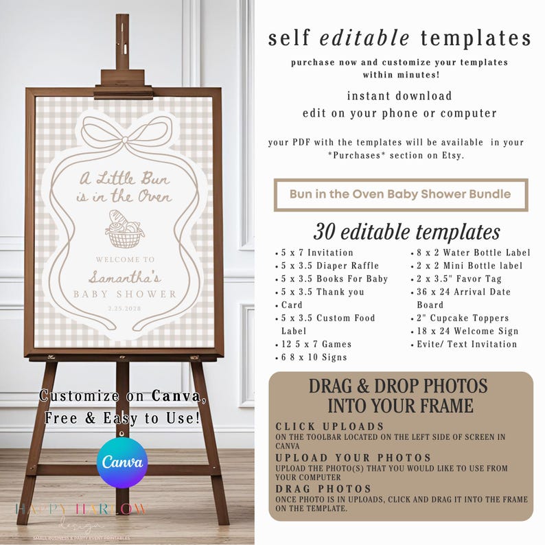 May include: A wooden easel displays a baby shower sign with the text "A Little Bun is in the Oven." The sign is framed and features a beige gingham pattern and a decorative bow. The image also advertises customizable baby shower templates.