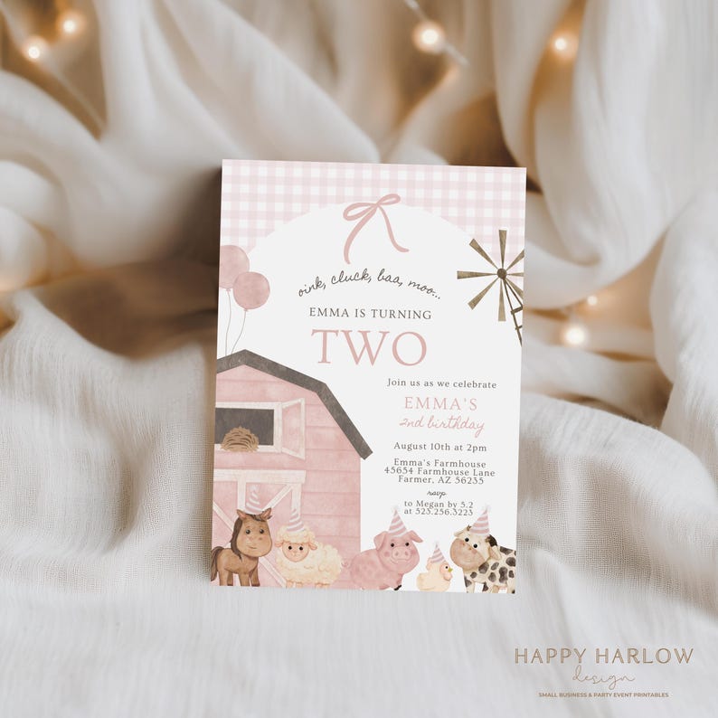 May include: A pink and white gingham-patterned invitation for a second birthday party. The invitation features a barn scene with cartoon animals wearing party hats. Text includes "Emma is turning TWO" and event details.