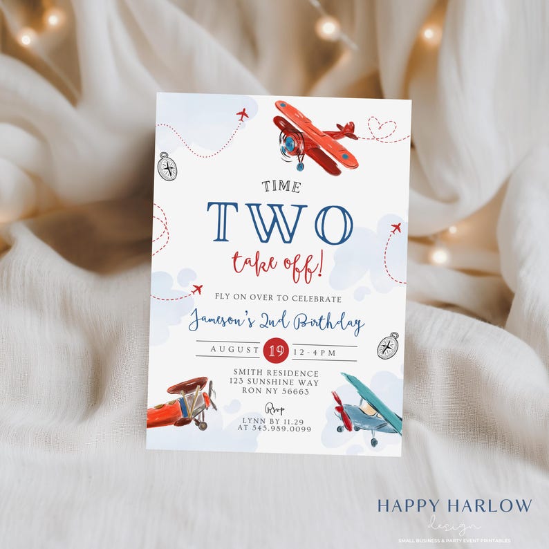 May include: A birthday invitation with a vintage airplane theme. The invitation features red and blue airplanes, clouds, and the text "Time Two Take Off!" It includes the date, time, and location for Jameson's 2nd birthday party.