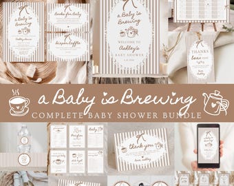 A Baby Is Brewing, Coffee Baby Shower Invitation, Coffee Themed Baby Shower Brewing Coquette Bows Trendy, Cafe Bebe, Bundle Download 600D