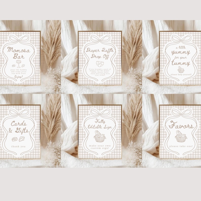 May include: Set of six beige and white signs with text for a baby shower. Each sign has a bow at the top and a decorative border. The signs include text such as "Momosa Bar", "Diaper Raffle Drop Off", and "Favors".