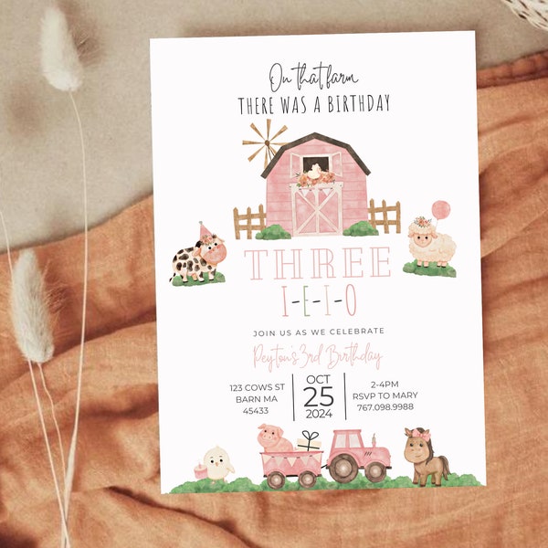 Three-I-E-I-O Birthday Invitation, 3rd Birthday Party Tractor and Farm Animal Theme, Editable Canva Template Digital Download 013I