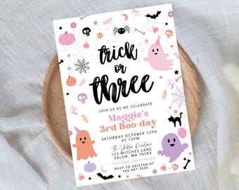Trick or Three Invitation, EDITABLE Halloween 3rd Birthday Invitation Ghost Invitation Spooky Invitation Spooktacular, Text Evite  502D
