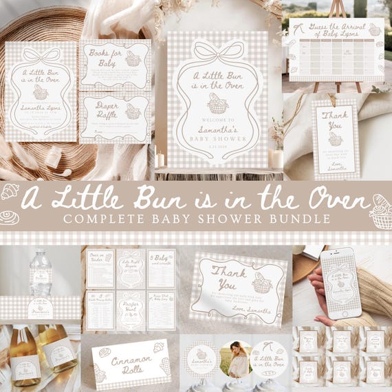 Bun in the Oven Baby Shower Bundle Template | Editable Hand Drawn Gender Neutral Bun in the Oven Tan Bread DIY Baby Shower Invite 480A