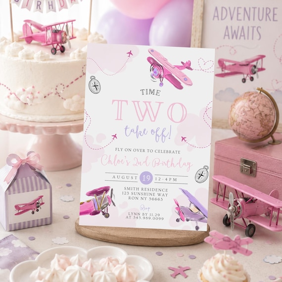 Editable Airplane Birthday Invitation,Modern Plane Invitation, Time TWO fly, Time TWO Take Off Girl 2nd Birthday, Aviation Theme Party 861B