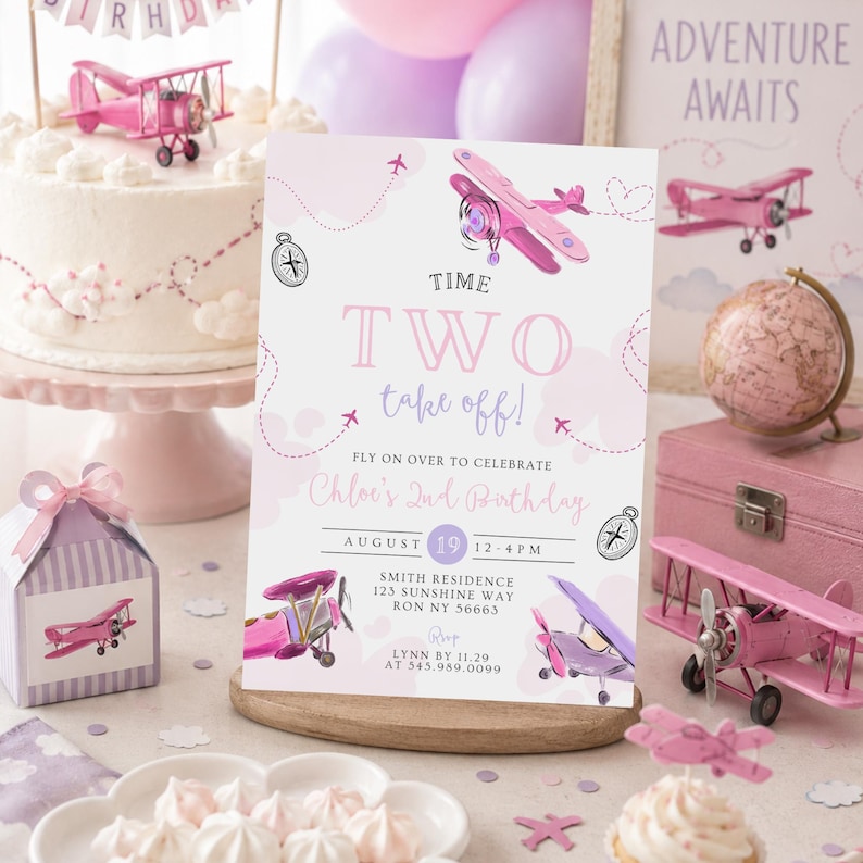 May include: A pink and white birthday party scene with a cake, invitation, and decorations. The invitation reads "Time Two Take Off!" and includes airplane illustrations. A small pink airplane cake topper and a decorative globe are also visible.