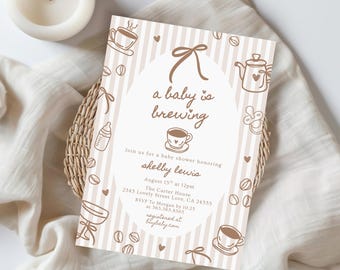 Coffee Baby Shower Invitation, Coffee Themed Baby Shower Brewing Coquette Bows Trendy, A Baby Is Brewing, Cafe Bebe, Instant Download 600A