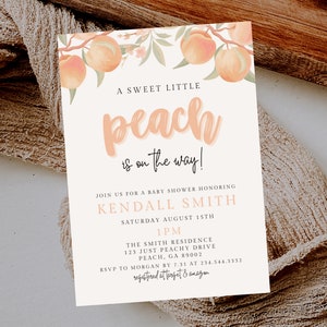 Sweet Little Peach Baby Shower Invitation Card, Watercolor Peach Baby Shower Invite, Peach Girl Baby Shower Invite, Peaches 704C