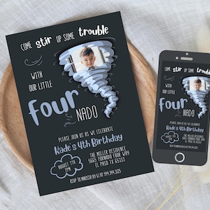 FOUR-nado Birthday Party Invitation | Storm Tornado Party Invitation | Instant Editable Template | Fourth Birthday Invite Blue 519E Photo