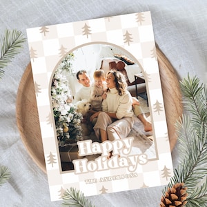 Modèle de carte de Noël à carreaux rétro, carte de vœux rétro, carte de Noël photo arche, damier neutre beige, carte de joyeux Noël 400S