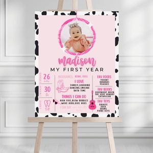 Space Cowgirl First Birthday Milestone Poster Cowgirl 1st Birthday My First Year Stats, Disco Cowgirl Retro Cowhide Instant 724MP1