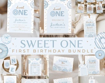 Editable Donut Birthday Invitation Coquette Trendy Sweet One Birthday Bundle Blue Baby Boy First Birthday Invite 1st Donut Grow Up 095A