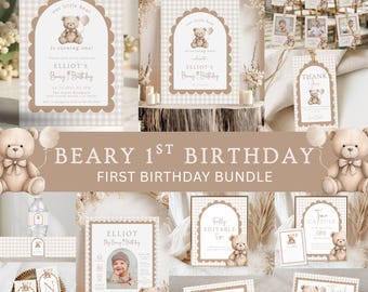 May include: A collection of beige and brown first birthday party decorations. The set includes invitations, thank you cards, food labels, and a time capsule card. Each item features a teddy bear illustration and the text "Beary 1st Birthday".
