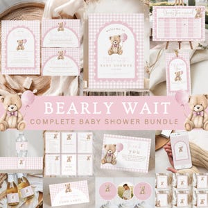 May include: A complete baby shower bundle in pink and white gingham. The set includes invitations, a welcome sign, thank you cards, food labels, and more, all featuring a teddy bear design. The text "BEARLY WAIT" is displayed prominently.