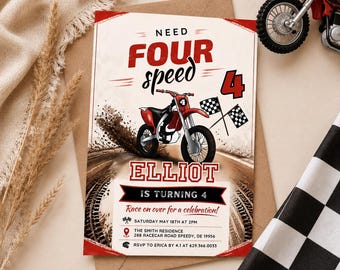 May include: A rectangular birthday invitation card featuring a red dirt bike graphic, checkered flags, and tire tracks. The text reads: NEED FOUR speed 4 ELLIOT IS TURNING 4 Race on over for a celebration! SATURDAY MAY 18TH AT 2PM THE SMITH RESIDENCE 288 RACECAR ROAD SPEEDY, DE 19956 RSVP TO ERICA BY 4.1 AT 629.366.0033.