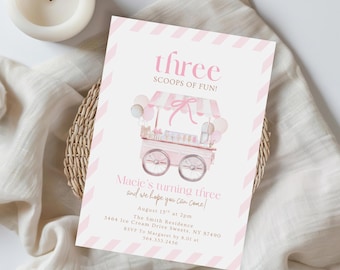 Coquette Ice Cream Truck Three Scoops Of Fun, 3rd Birthday Party Invitation, Ice Cream 3rd Birthday, Bows Instant Download 550AN