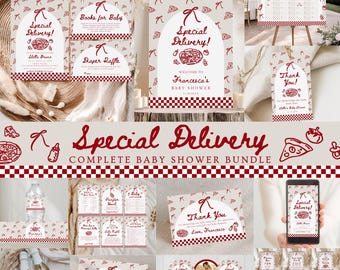 Spezielle Lieferung Babyparty Einladung, Scheibe Scheibe Baby Bearbeitbar Handgezeichnete Italienische Pizza Thema Baby Digital Invite Bundle Trendy 482A