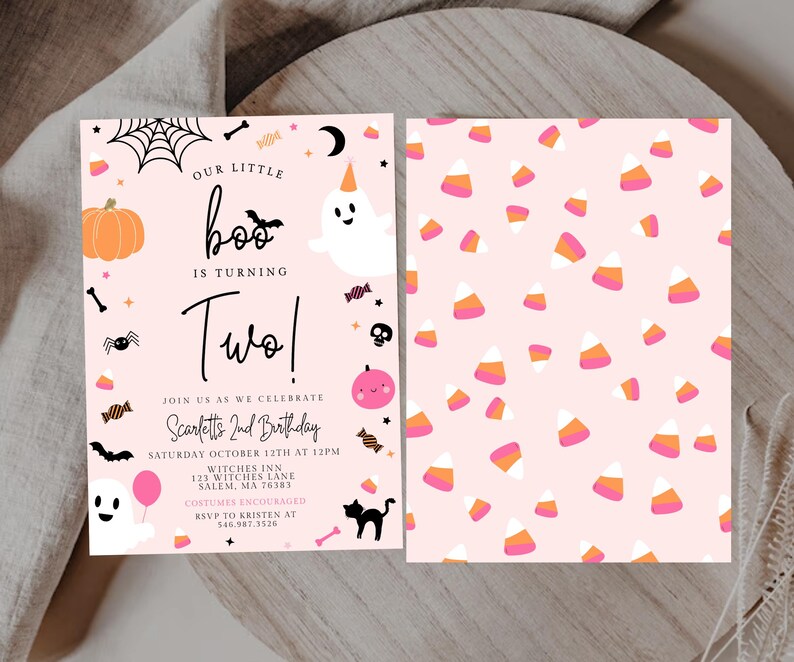 Our Little Boo is Turning Two Invitation Cute Pink Ghost 2nd Birthday Spooky Two Spooky Halloween 2nd Birthday Instant Download 482F image 3