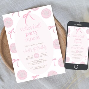 May include: A pink volleyball-themed party invitation with the text "volleyball party repeat." The invitation includes details for a birthday celebration, with a matching design displayed on a smartphone.