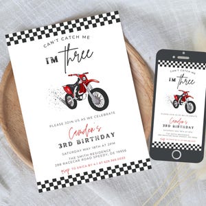 Editable Can&#39;t Catch Me I&#39;m Three Dirt Bike Birthday Party Invitation Boy Racing Dirt Biking 3rd Birthday Invitation Instant Download 753C