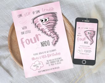 Girl FOURnado Birthday Party Invitation Evite | Storm Weather Party Invitation | Instant Editable Template | Fourth Birthday Invite 524B