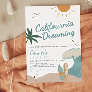 Cali-Four-nia Dreaming 4th Birthday Invitation, Surf Boy Birthday Invite, Wave Birthday, Ocean Birthday, Edit Template, 098F