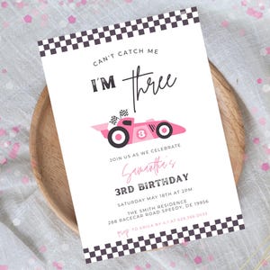 Can&#39;t Catch Me I&#39;m Three Birthday Invitation, Editable Template, Vintage Race Car Party, Racing Cars, Race Car Birthday, Girl Pink  744C
