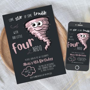 Girl FOURnado Birthday Party Invitation | Storm Weather Party Invitation | Instant Editable Template | Fourth Birthday Invite PINK 519A