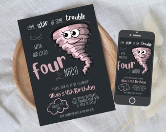 Girl FOURnado Birthday Party Invitation | Storm Weather Party Invitation | Instant Editable Template | Fourth Birthday Invite PINK 519A