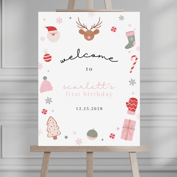 Christmas Birthday Welcome Sign, Welcome Sign, Welcome Poster, Girl Birthday, Oh what fun, Editable Template, INSTANT 003WS