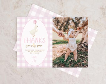 One Silly Goose Birthday Thank You Card, Editable Girl 1st Birthday Pink Printable Thank You, Goose First Birthday Party 808TY
