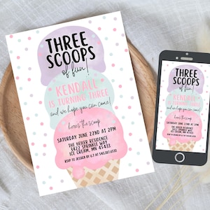 Editable Ice Cream Truck Three Scoops Of Fun 3rd Birthday Party Invitation Ice Cream 3rd Birthday Three Scoops Of Fun Instant Download 549F
