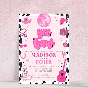 Editable Space Cowgirl Birthday Party Invitation Pink Disco Cowgirl Girl 4th Nashville Rodeo Birthday Party Any Age Party Download 724I