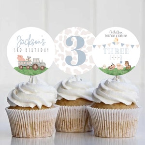 Three-I-E-I-O Birthday Editable Cupcake Toppers, Farm Birthday Cupcake Toppers, Tractor and Farm Birthday, Instant Download Template, 096CT