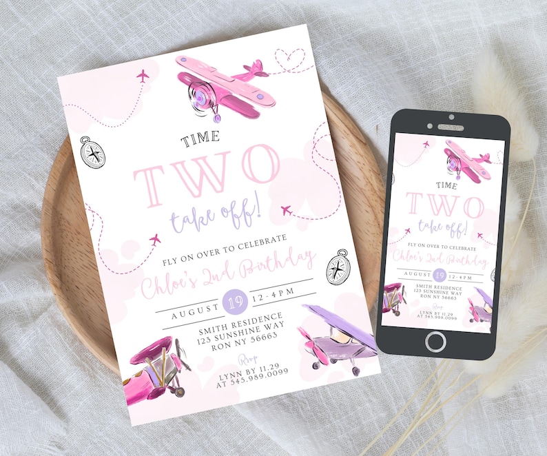 May include: A pink and purple airplane-themed birthday invitation and a smartphone displaying the same design. The invitation reads "TIME TWO take off!" and includes details for Chloe's 2nd birthday, with airplane illustrations and compass graphics.