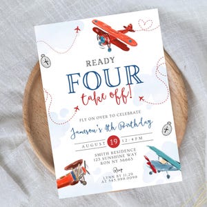 Airplanes 4th Birthday Boy Invitation, Ready Four Take Off Plane 4th Birthday Party, Pilot Helicopter Birthday, Aviation Birthday Party 859F