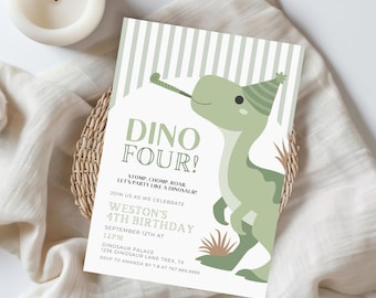 Dino FOUR Dinosaur Birthday Invitation,Instant Download,Modern Tyrannosaurus Birthday Invite, Editable Canva Template, Boy 4th Birthday 518A