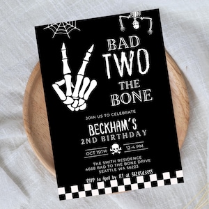 Bad TWO The Bone 2nd Birthday Party Invitation, Instant Download, Skeleton Peace Hand Invitation,  Editable Template, Boy 2nd Birthday 532A