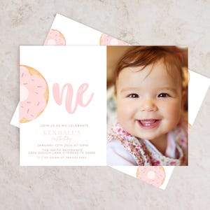 Editable Donut Birthday Invitation Template Printable Sweet One Birthday Invite Pink Baby Girl First Birthday Party, 1st Donut Grow Up 716HP