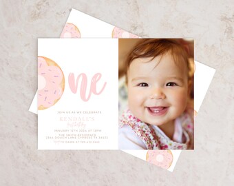 Editable Donut Birthday Invitation Template Printable Sweet One Birthday Invite Pink Baby Girl First Birthday Party, 1st Donut Grow Up 716HP