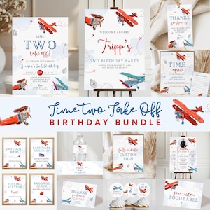 May include: A collection of airplane-themed birthday party decorations. Includes invitations, welcome signs, food labels, and cupcake toppers. The designs feature red and blue airplanes with the text "Time Two Take Off" and "2nd Birthday Party".