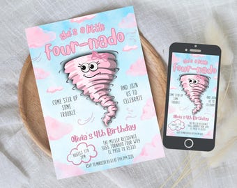 Girl FOURnado Birthday Party Invitation Evite | Storm Weather Party Invitation | Instant Editable Template | Fourth Birthday Invite 524B