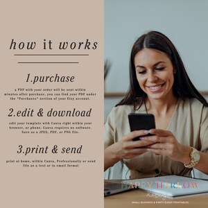 May include: A woman smiles while using a smartphone, with text on the left side that reads "how it works" and details on purchasing, editing, and printing templates. The Happy Harlow Designs logo is visible.