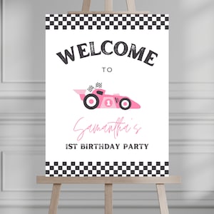 Editable Racecar 1st Birthday Party Welcome Sign, Racing Birthday Party Sign One Fast ONE Birthday Invitation Racecar Sign 744WS