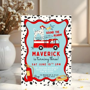 Firetruck Invitation, Firetruck Birthday Invite, Dalmatian Firetruck Sound the Alarm, Fireman - Fire Engine Party Evite ANY AGE 683A