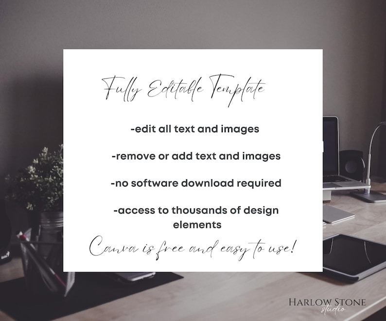May include: A white rectangular graphic with the text "Fully Editable Template" in a script font. The text below lists features: edit text and images, remove or add text, no software download, access to design elements. The text "Canva is free and easy to use!" is also included.