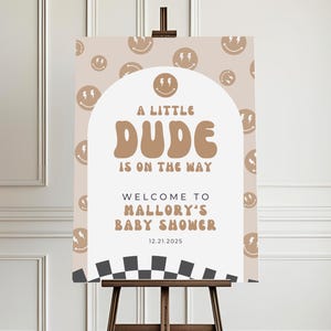 A Little Dude geruite jongen babyshower welkomstbord, bordje Oh Boy babyshower, afdrukbaar bord, neutraal bruin 805WS
