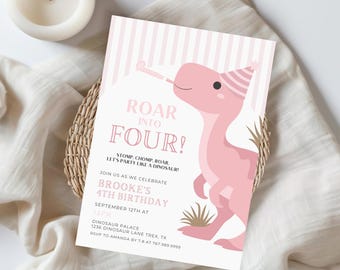 Dino FOUR Dinosaur Birthday Invitation, Modern Tyrannosaurus Birthday Invite, Trendy ROAR into Four, Girl 4th Birthday 517B