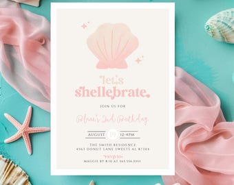 May include: A pink and white seashell illustration with the text "let's shellebrate."  A birthday invitation for a child's 1st birthday party with the text "Join us for Phrae's 1st Birthday" and details for the party.  The invitation is surrounded by seashells and starfish on a turquoise background.