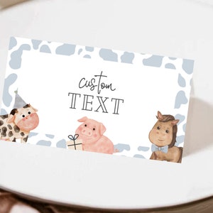 Étiquettes d'aliments modifiables pour l'anniversaire de trois ans, anniversaire du 3e anniversaire, thème du tracteur et des animaux de la ferme, cartes de tente, enseignes de nourriture, thème de la ferme mignon 096TC